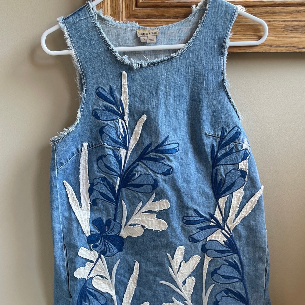 Denim Dress with White Embroidery
